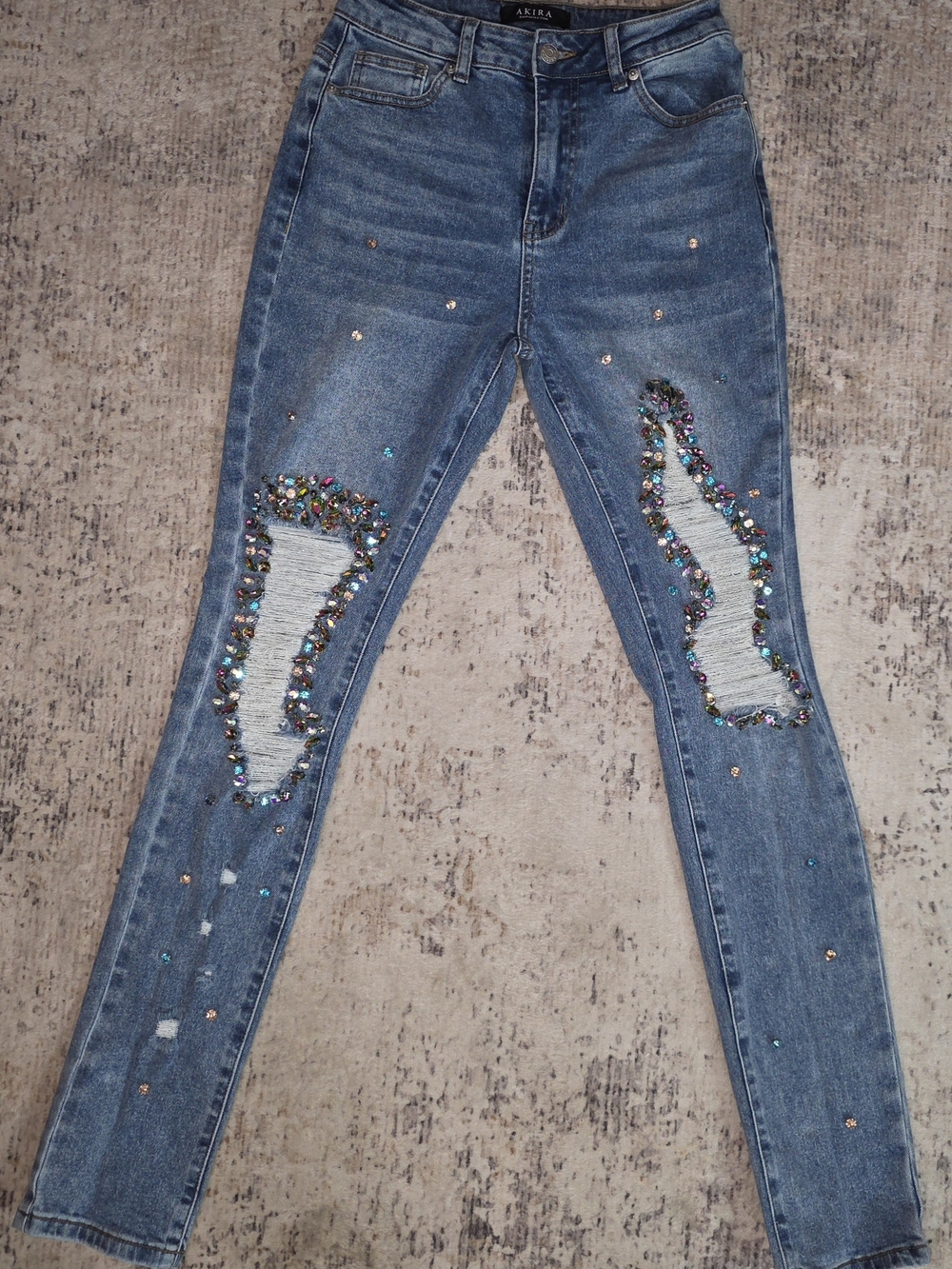 AKIRA Blue Rhinestone Distressed Skinny Jeans